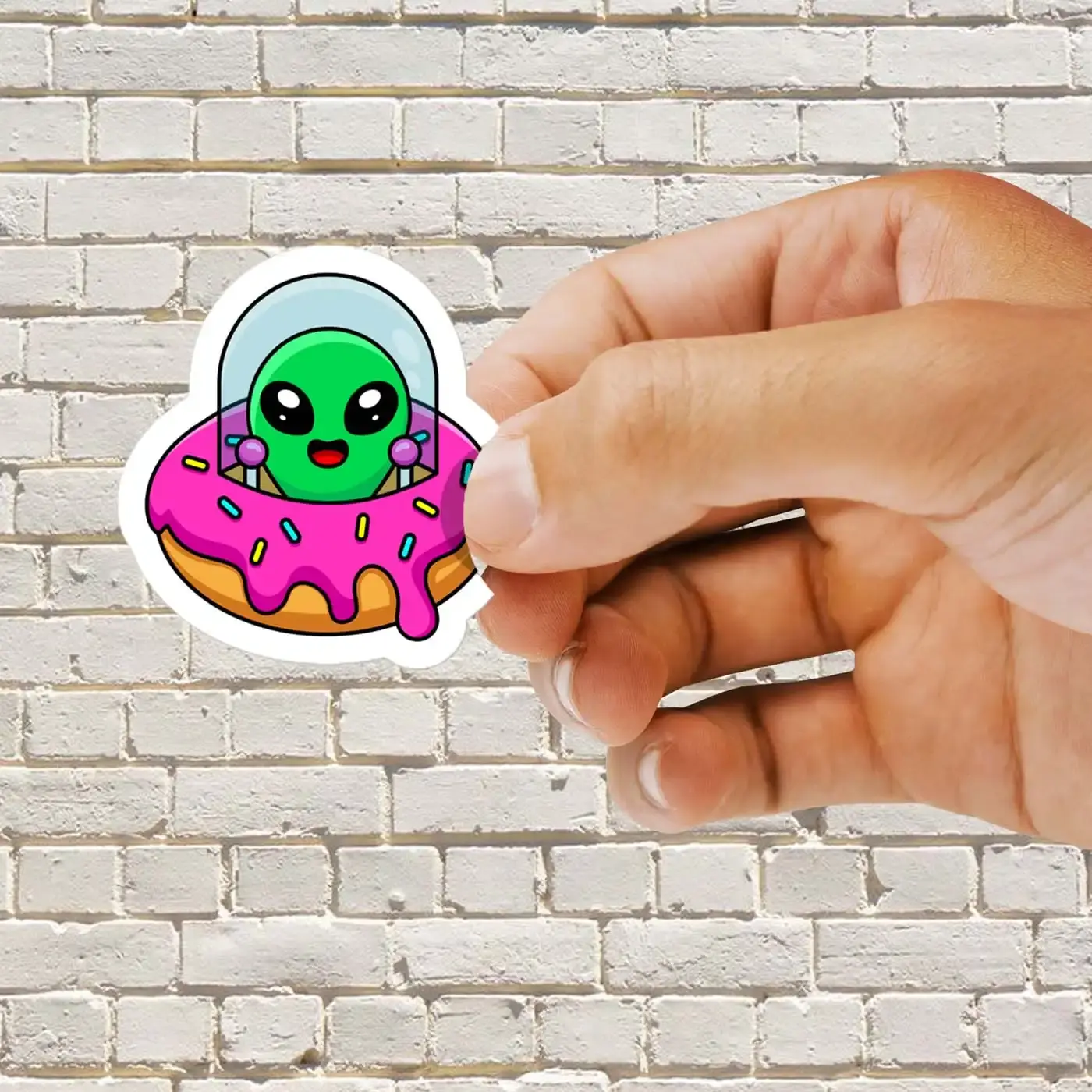 Cute Alien in Donut UFO Sticker
