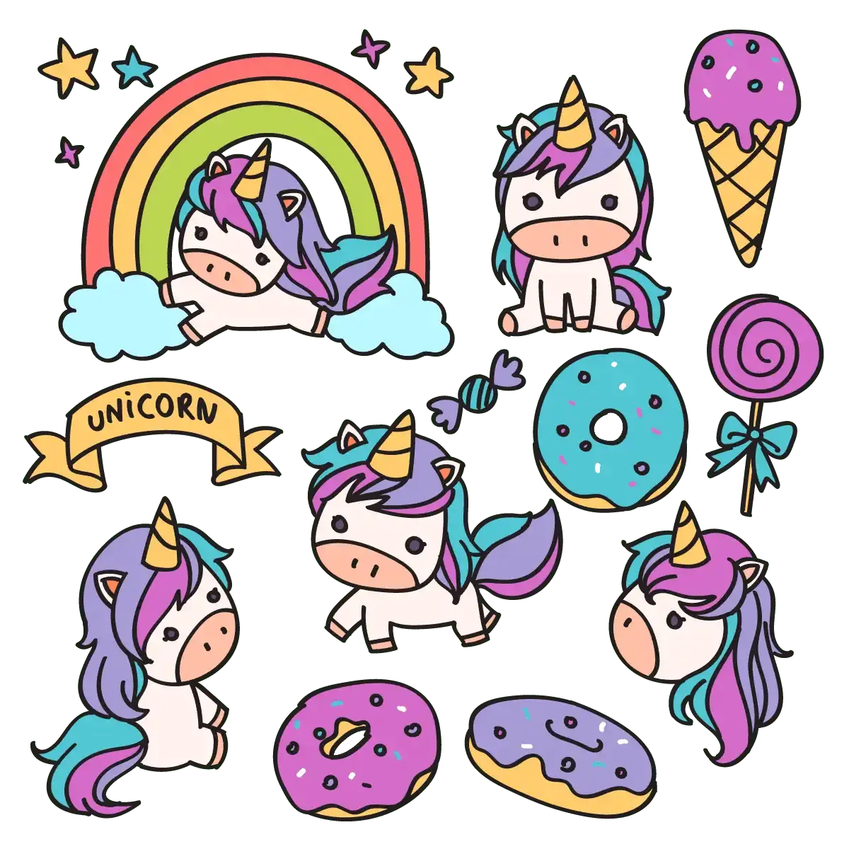 Unicorn Doodle Cartoon Stickers Set