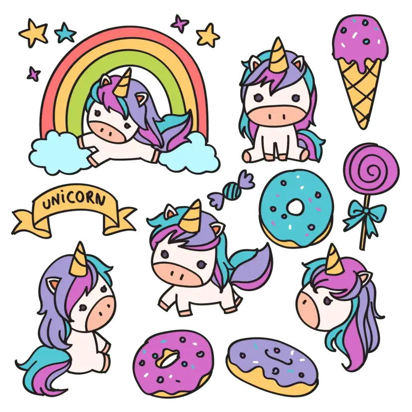 Unicorn Doodle Cartoon Stickers Set