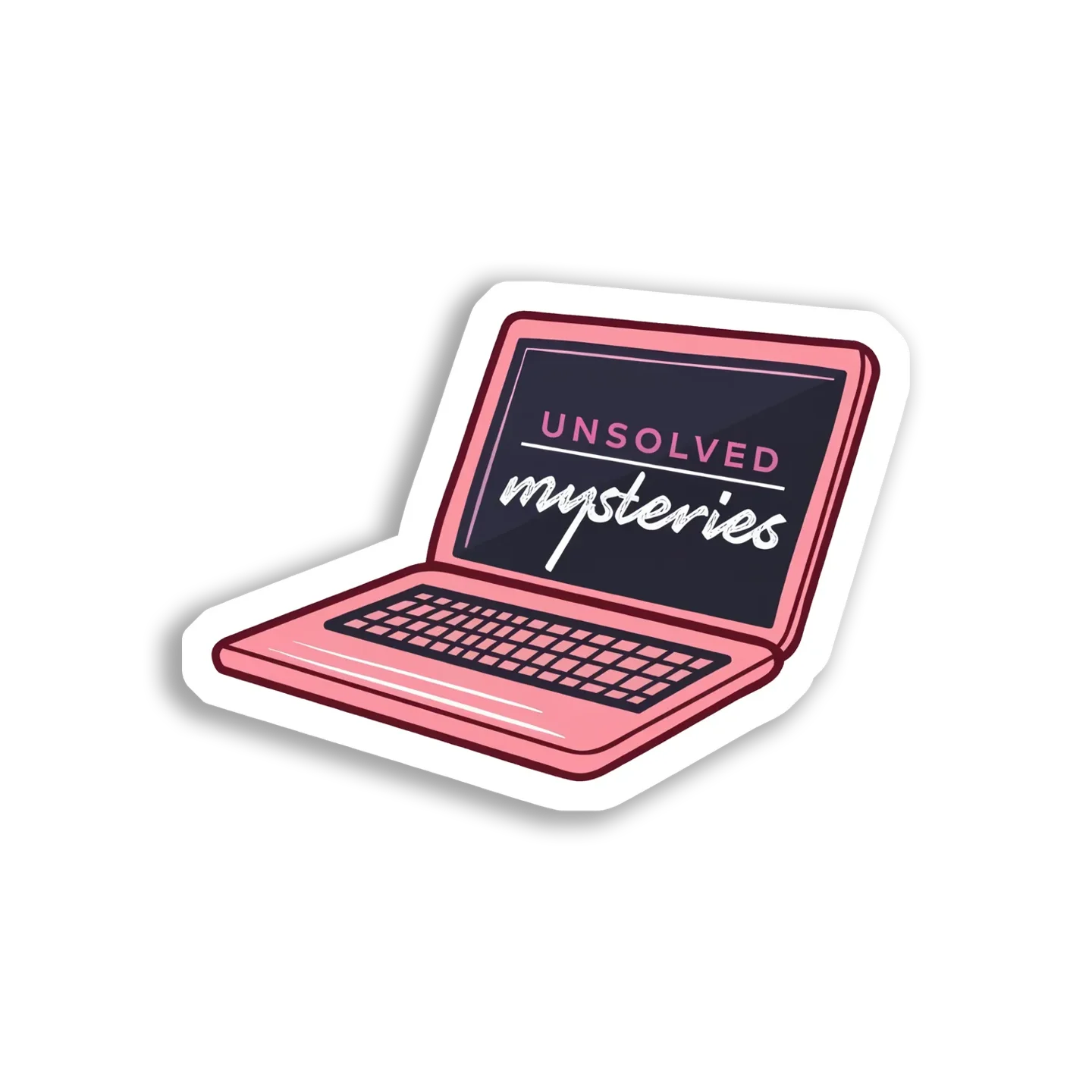 Unsolved Mysteries on a Pink Laptop Sticker