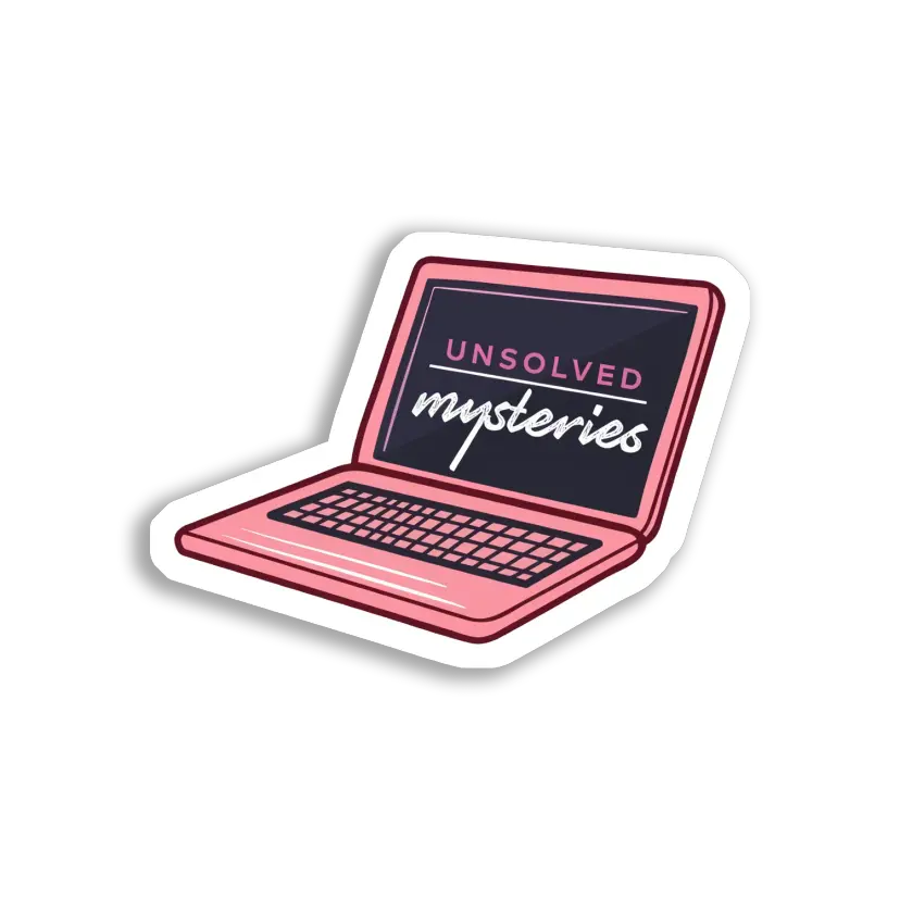 Unsolved Mysteries on a Pink Laptop Sticker