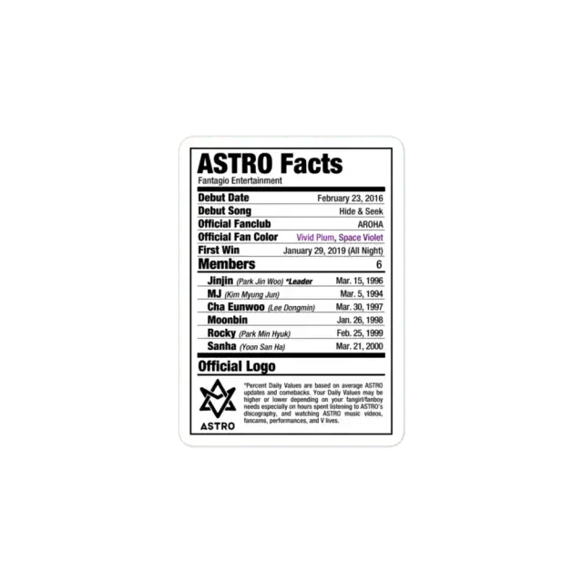 ASTRO Kpop Nutritional Facts Sticker