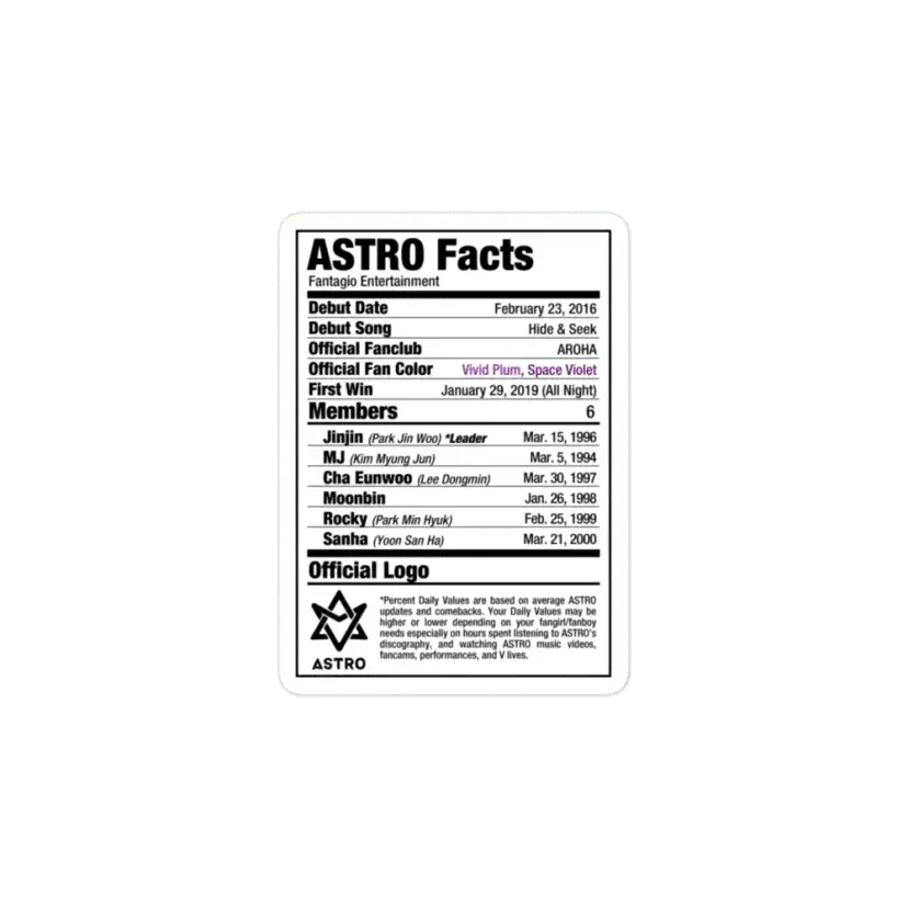 ASTRO Kpop Nutritional Facts Sticker