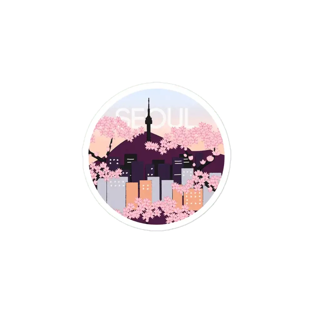 Seoul Tower With Woodblock Style Cherry Blossoms South Korea Sticker