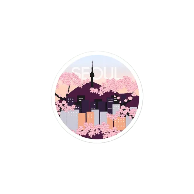 Seoul Tower With Woodblock Style Cherry Blossoms South Korea Sticker