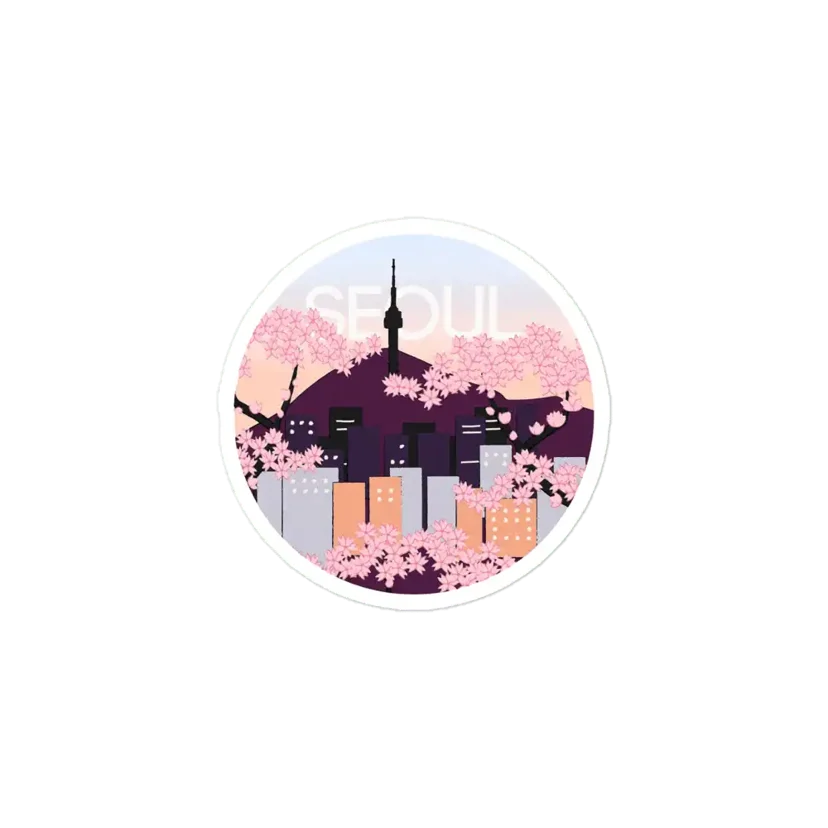 Seoul Tower With Woodblock Style Cherry Blossoms South Korea Sticker