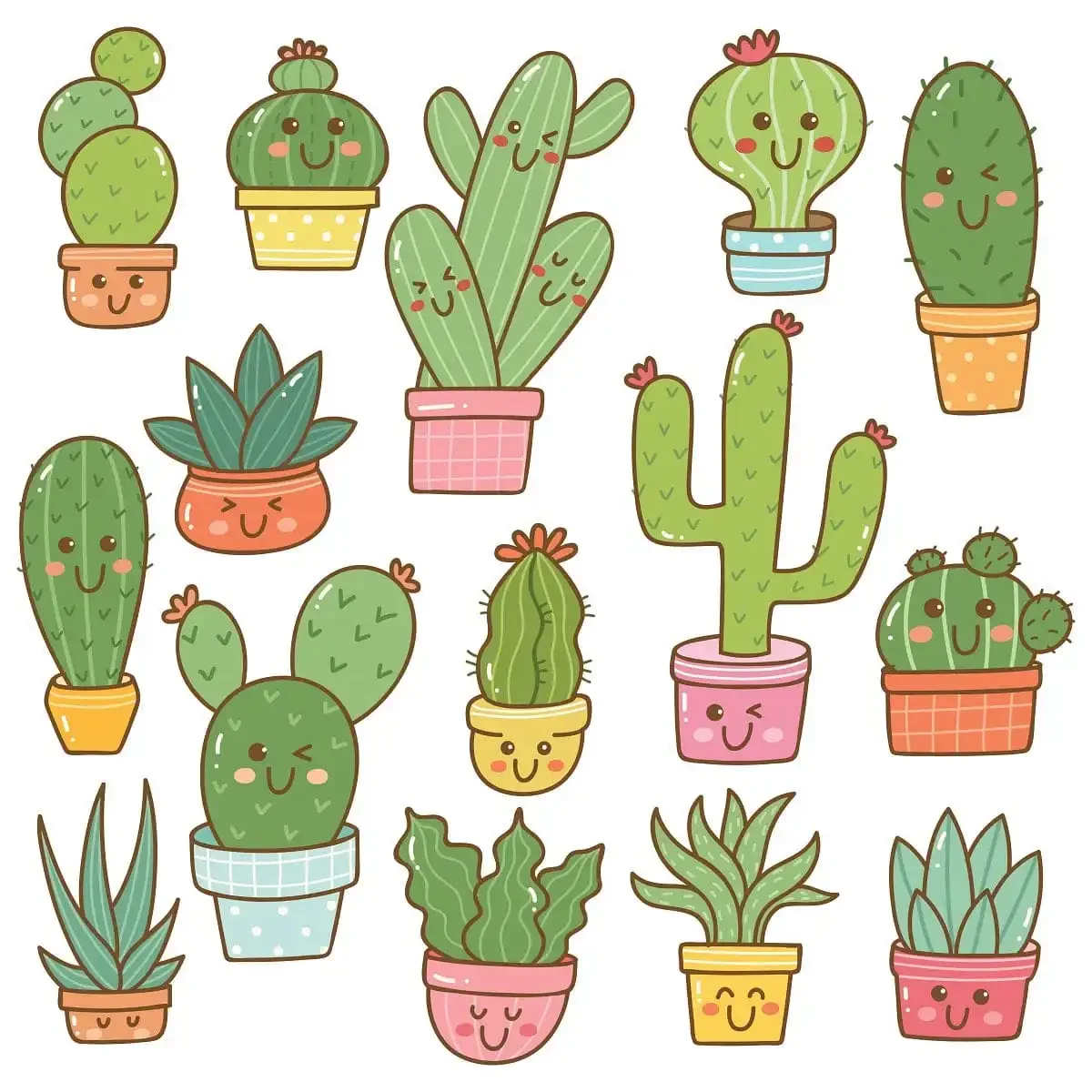 Kawaii Cactus Doodle Stickers Set