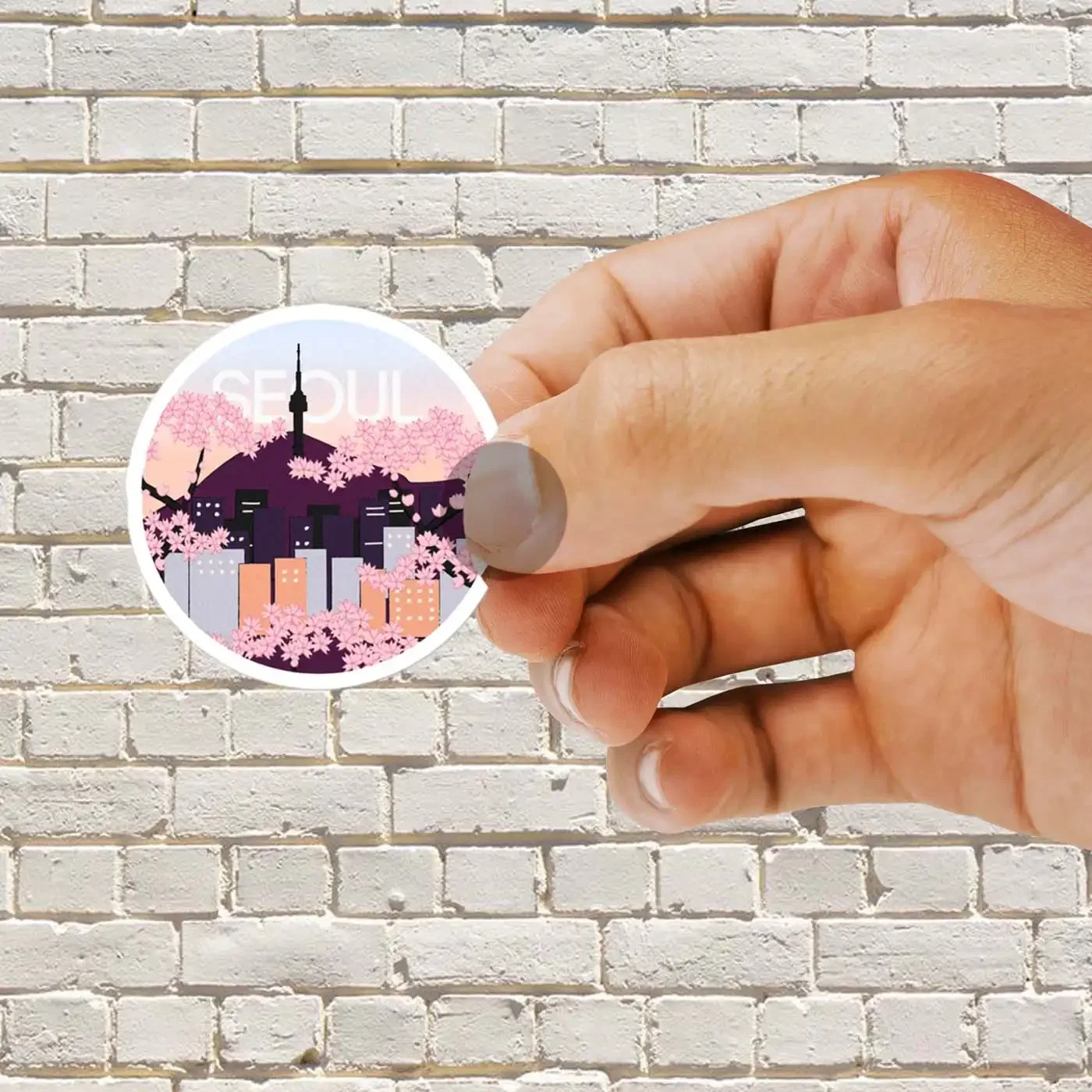 Seoul Tower With Woodblock Style Cherry Blossoms South Korea Sticker