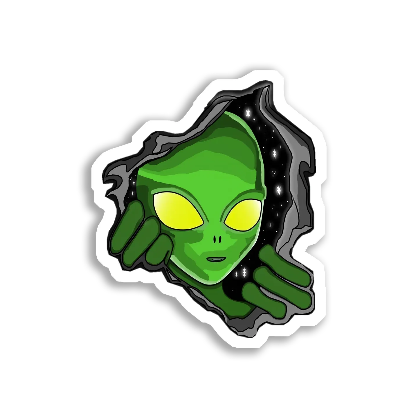 Green Alien Breaks Through Space Sticker