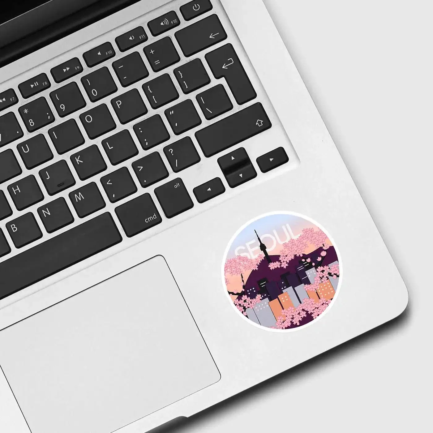 Seoul Tower With Woodblock Style Cherry Blossoms South Korea Sticker