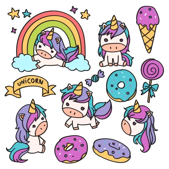 Unicorn Doodle Cartoon Stickers Set