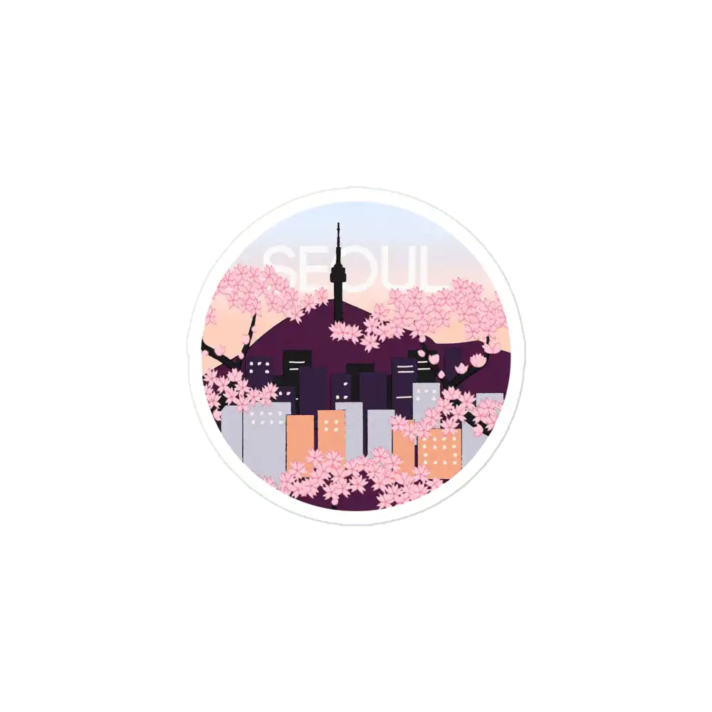 Seoul Tower With Woodblock Style Cherry Blossoms South Korea Sticker