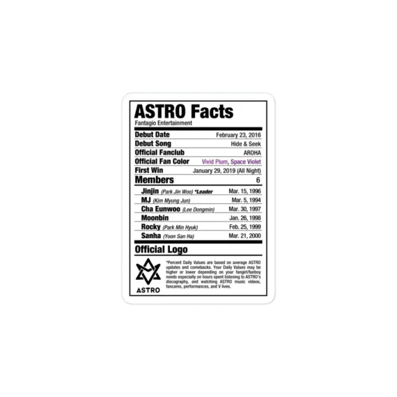ASTRO Kpop Nutritional Facts Sticker